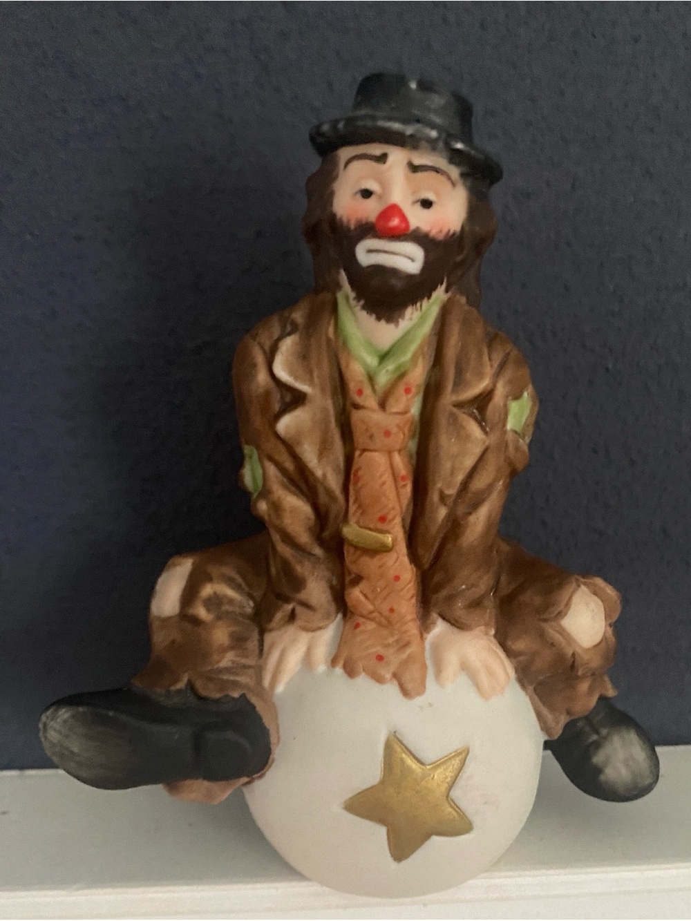 Vintage Flambro Emmett Kelly Jr Porcelain Clown Figurine Seated on Star Ball